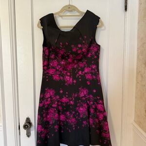 Lela Rose Black and Pink Floral Midi Dress